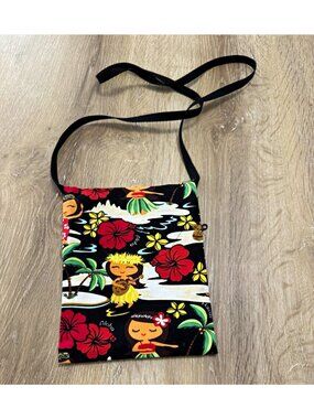 Nani Island Hawaiian Floral Crossbody Bag Black Multi-Zip Zipper Closure
